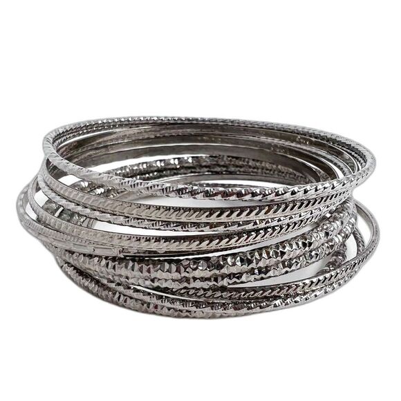 Silver Set of Bangles Textured Boho Chic Bohemian - Picture 1 of 4